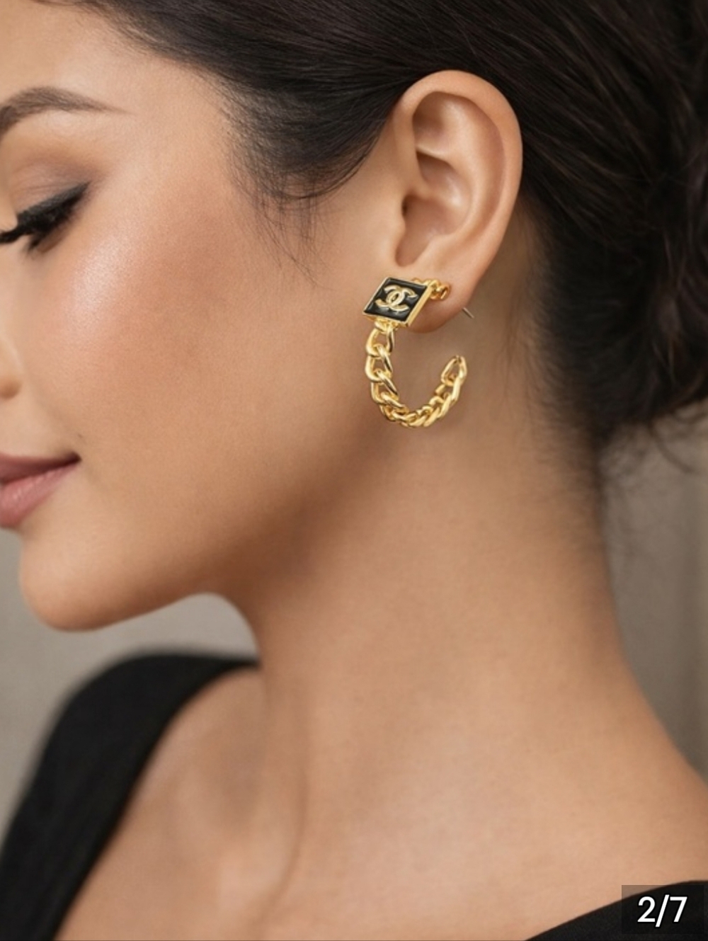 Gold and Black Chain Logo Earrings